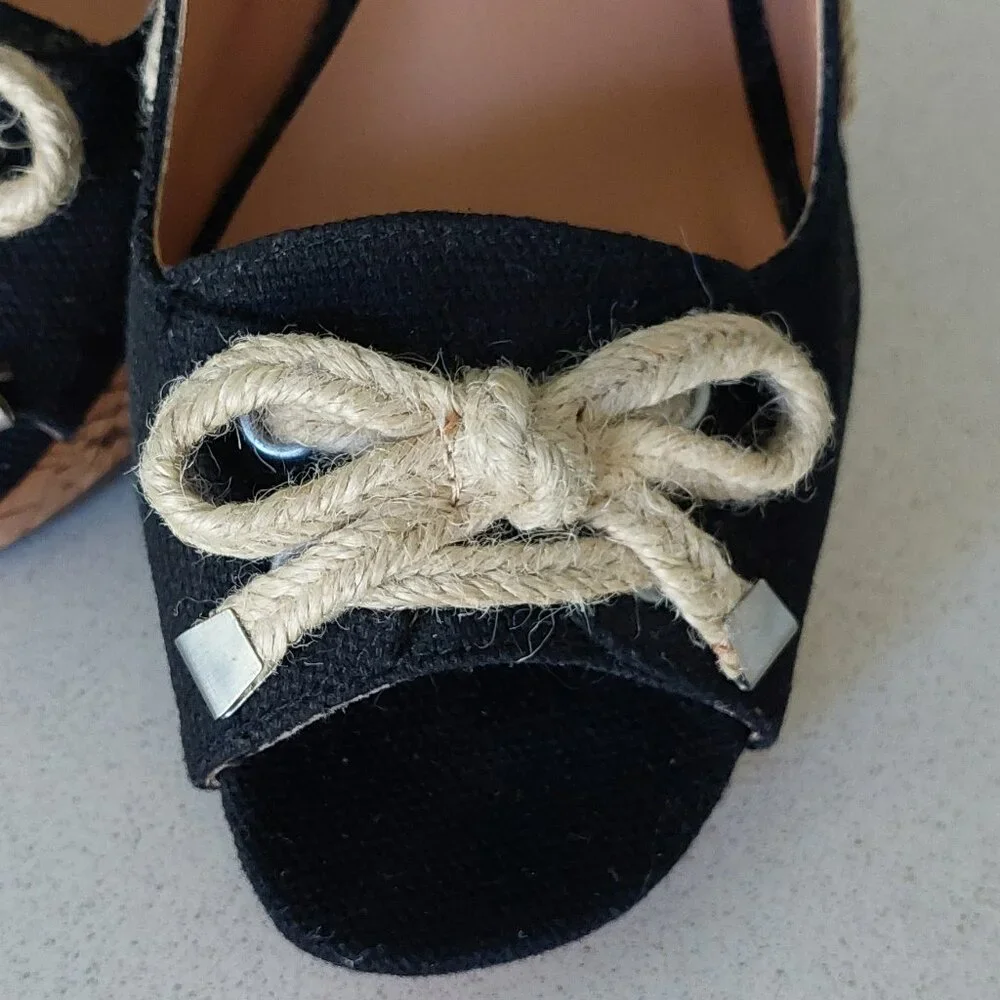 Franco Sarto Black and Cork Rope-Accent Wedge Sandals